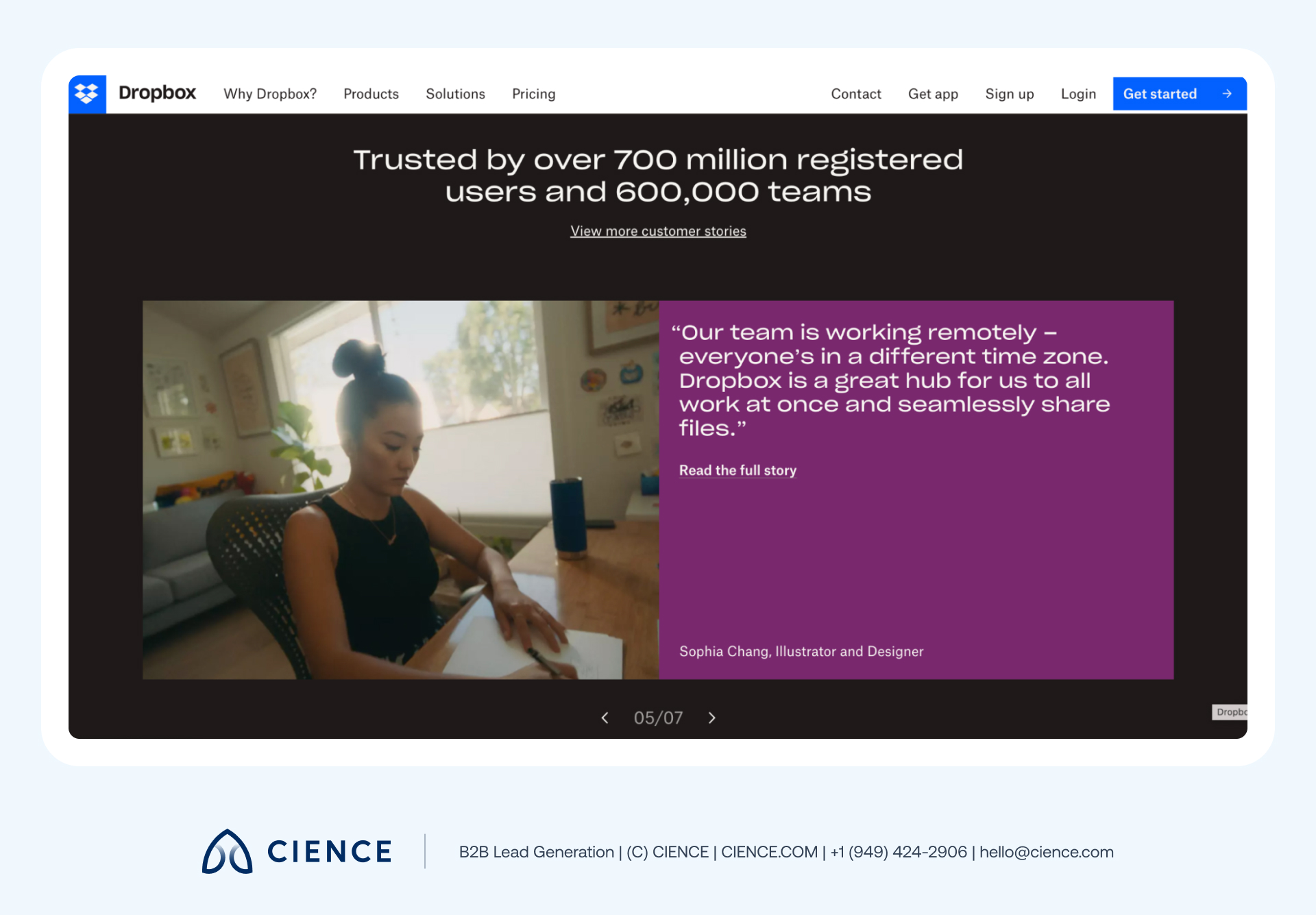 Dropbox’s homepage social proof section showing customer testimonials with photos, names, company titles, and role-specific use cases to match different buyer personas